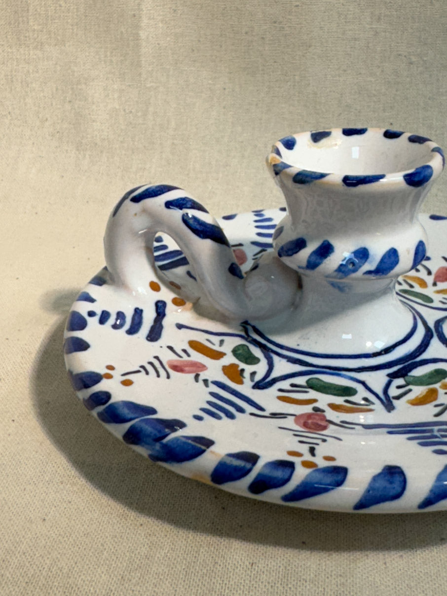 Folk art ceramic painted candleholder