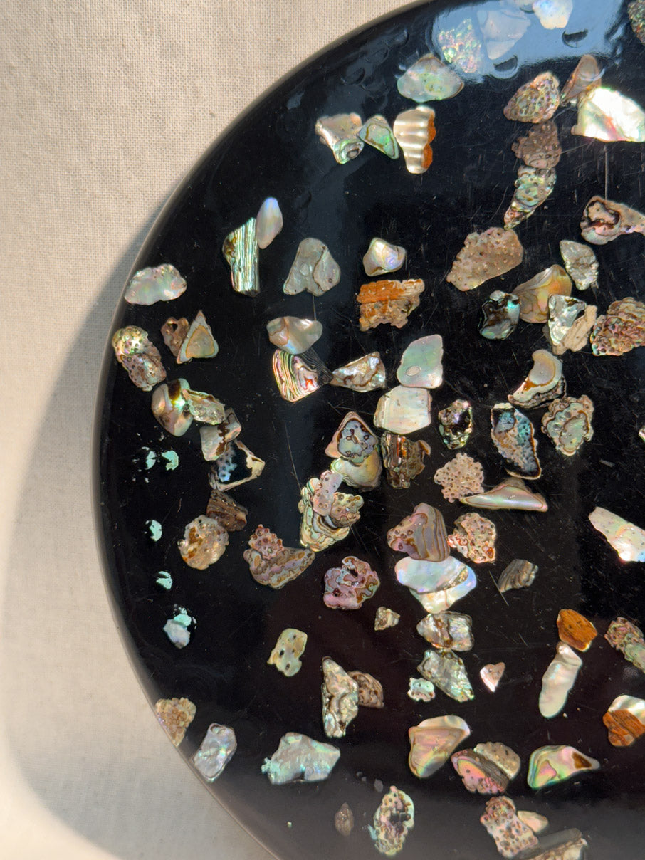 Vintage Black Lucite Abalone Shell Hot Plate