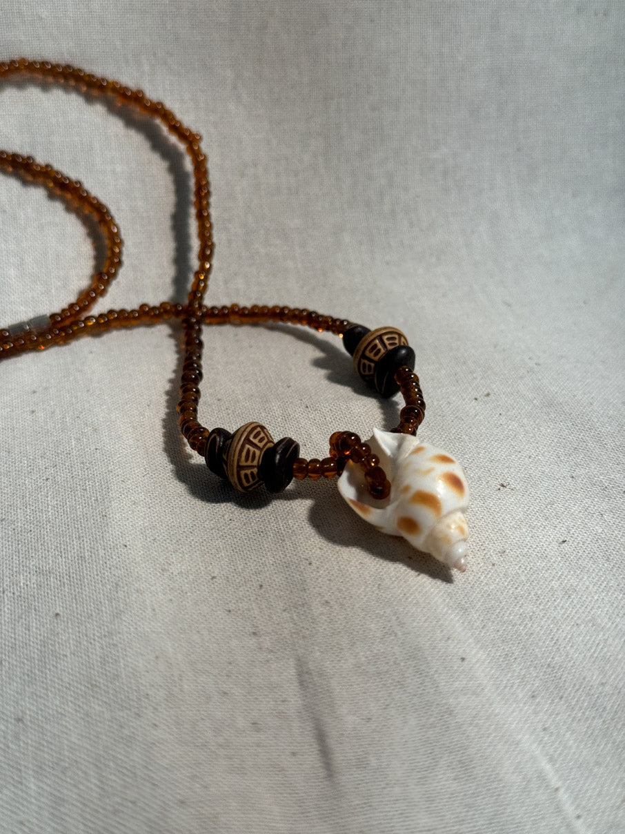 Brown glass bead and shell necklace