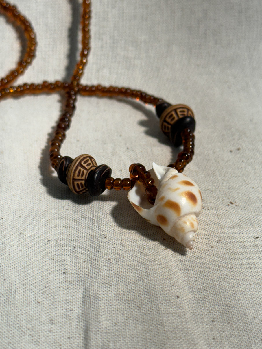 Brown glass bead and shell necklace