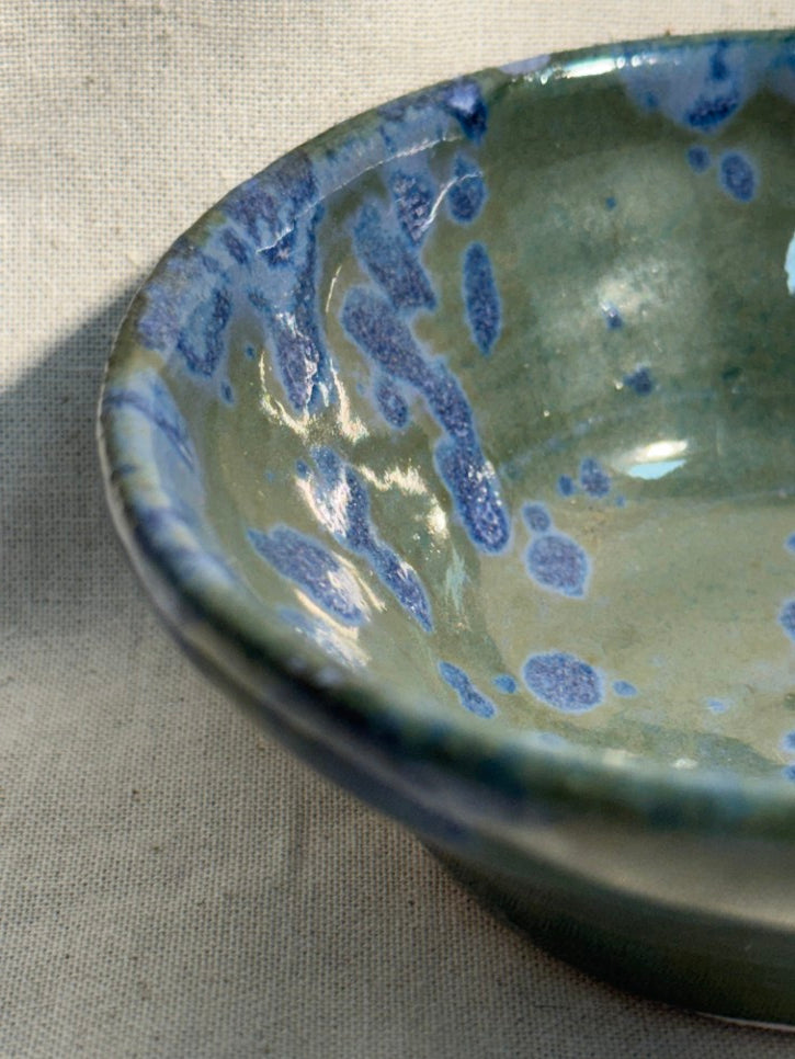 Handmade blue and green glaze splatter dish
