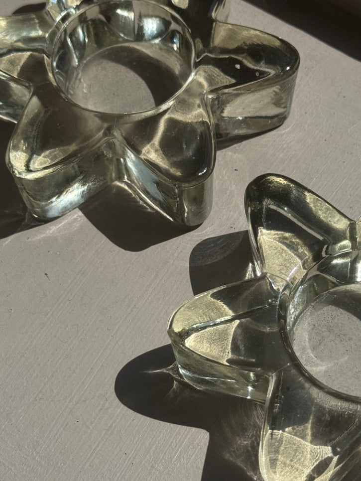 Glass flower tealight holders (pair)