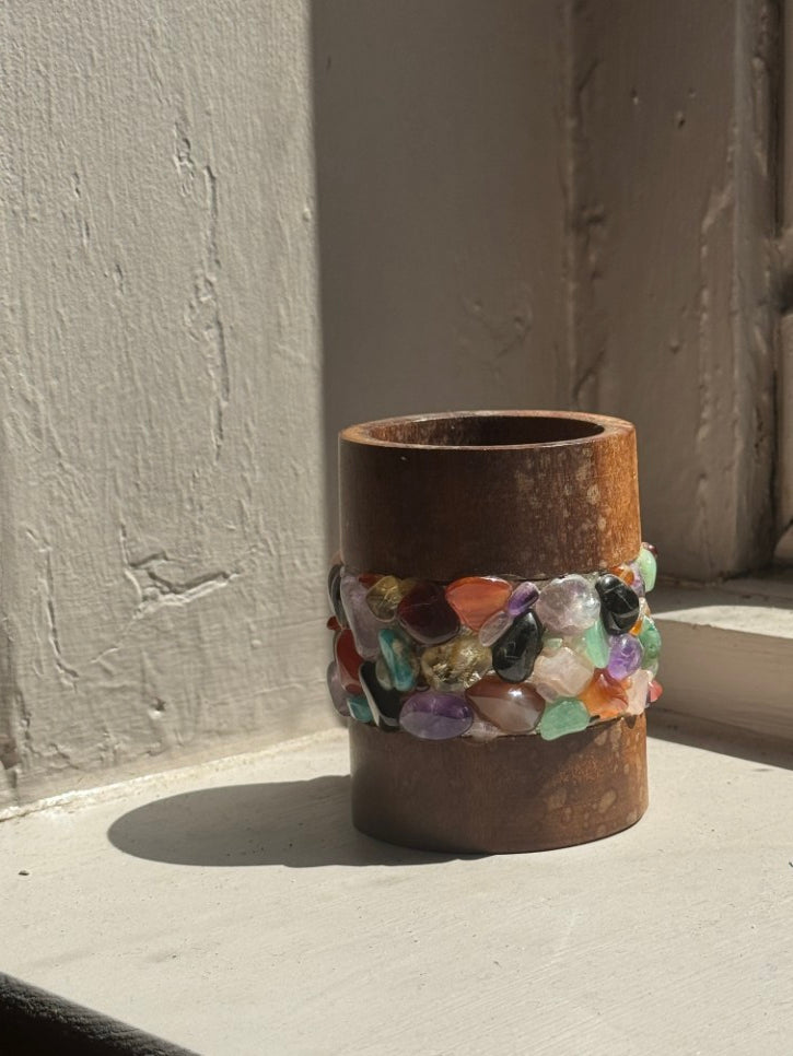 Wood and gemstone handmade pencil pot