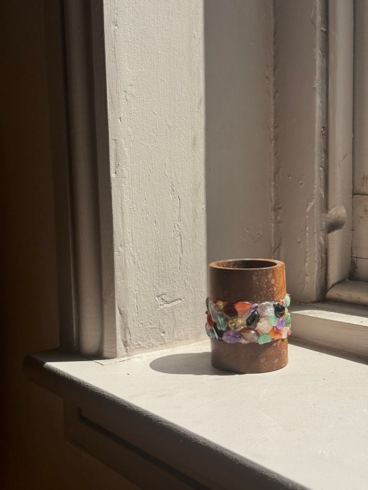 Wood and gemstone handmade pencil pot